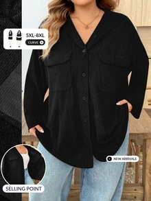 SHEIN CURVE+ Plus Size Women's Autumn Knit Textured Corduroy Ribbed Hooded Loose Shacket Fall Halloween Costume - Black - View 8