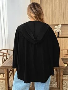 SHEIN CURVE+ Plus Size Women's Autumn Knit Textured Corduroy Ribbed Hooded Loose Shacket Fall Halloween Costume - Black - View 2