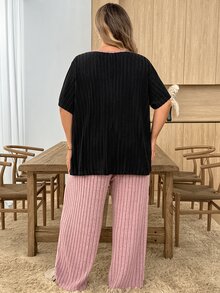 SHEIN CURVE+ Plus Size Women's Knitted Ribbed Bow Embroidery Round Neck Short Sleeve Long Pants Casual Pajama Set - Multicolor - View 2