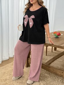 SHEIN CURVE+ Plus Size Women's Knitted Ribbed Bow Embroidery Round Neck Short Sleeve Long Pants Casual Pajama Set - Multicolor - View 8
