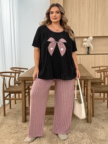 SHEIN CURVE+ Plus Size Women's Knitted Ribbed Bow Embroidery Round Neck Short Sleeve Long Pants Casual Pajama Set - Multicolor - View 4