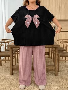 SHEIN CURVE+ Plus Size Women's Knitted Ribbed Bow Embroidery Round Neck Short Sleeve Long Pants Casual Pajama Set - Multicolor - View 3