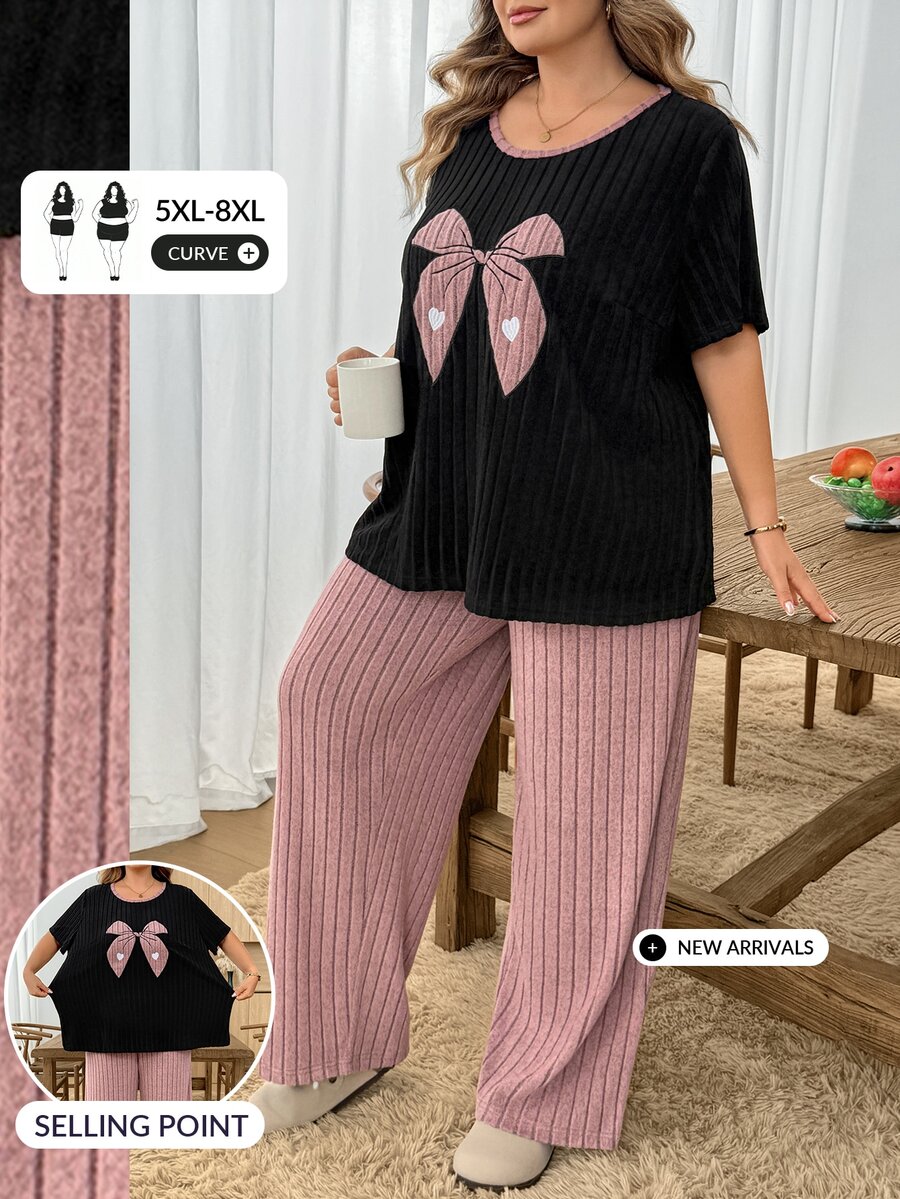 SHEIN CURVE+ Plus Size Women's Knitted Ribbed Bow Embroidery Round Neck Short Sleeve Long Pants Casual Pajama Set - Multicolor - View 1