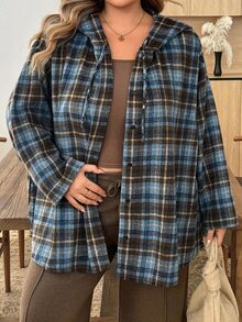 SHEIN CURVE+ 大尺碼女款休閒 1920 年代復古 80 年代 90 年代連帽寬鬆格紋襯衫，秋季感恩節海灘度假正式教師風藍白配色 - 彩色 - 查看 4