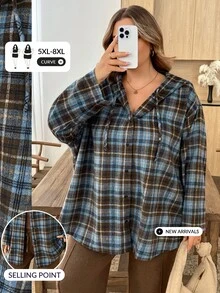 SHEIN CURVE+ 大尺碼女款休閒 1920 年代復古 80 年代 90 年代連帽寬鬆格紋襯衫，秋季感恩節海灘度假正式教師風藍白配色 - 彩色 - 查看 9