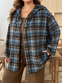 SHEIN CURVE+ 大尺碼女款休閒 1920 年代復古 80 年代 90 年代連帽寬鬆格紋襯衫，秋季感恩節海灘度假正式教師風藍白配色 - 彩色 - 查看 5