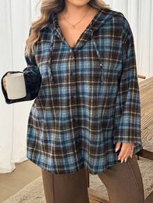 SHEIN CURVE+ 大尺碼女款休閒 1920 年代復古 80 年代 90 年代連帽寬鬆格紋襯衫，秋季感恩節海灘度假正式教師風藍白配色 - 彩色 - 查看 1