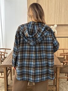 SHEIN CURVE+ 大尺碼女款休閒 1920 年代復古 80 年代 90 年代連帽寬鬆格紋襯衫，秋季感恩節海灘度假正式教師風藍白配色 - 彩色 - 查看 2