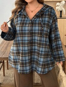 SHEIN CURVE+ 大尺碼女款休閒 1920 年代復古 80 年代 90 年代連帽寬鬆格紋襯衫，秋季感恩節海灘度假正式教師風藍白配色 - 彩色 - 查看 3