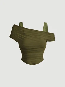 SHEIN MOD Solid Color Vest Top Covered By Olive Mesh Puff Sleeve Women's Top - Army Green - View 5