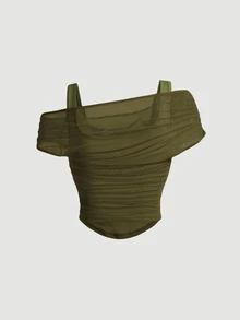 SHEIN MOD Solid Color Vest Top Covered By Olive Mesh Puff Sleeve Women's Top - Army Green - View 2