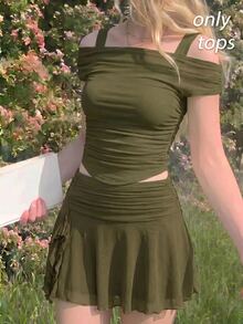 SHEIN MOD Solid Color Vest Top Covered By Olive Mesh Puff Sleeve Women's Top - Army Green - View 1