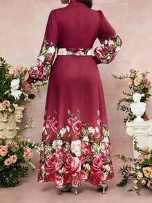 Fleurora Plus Size Vintage Elegant Normal Floral Print Button Buckle Fashion Dress Wedding Dinner Formal Burgundy Autumn Fall - Burgundy - View 2