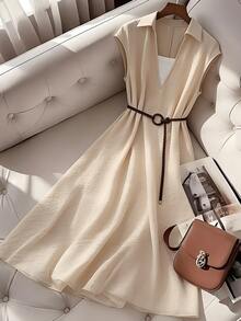 Franclia Women's Elegant French Style Beige V-Neck Shirt Dress,Sleeveless Waist Cinching Mid Length Swinging Summer Dress For Holiday Vacation Commuting Wear - Khaki - View 6