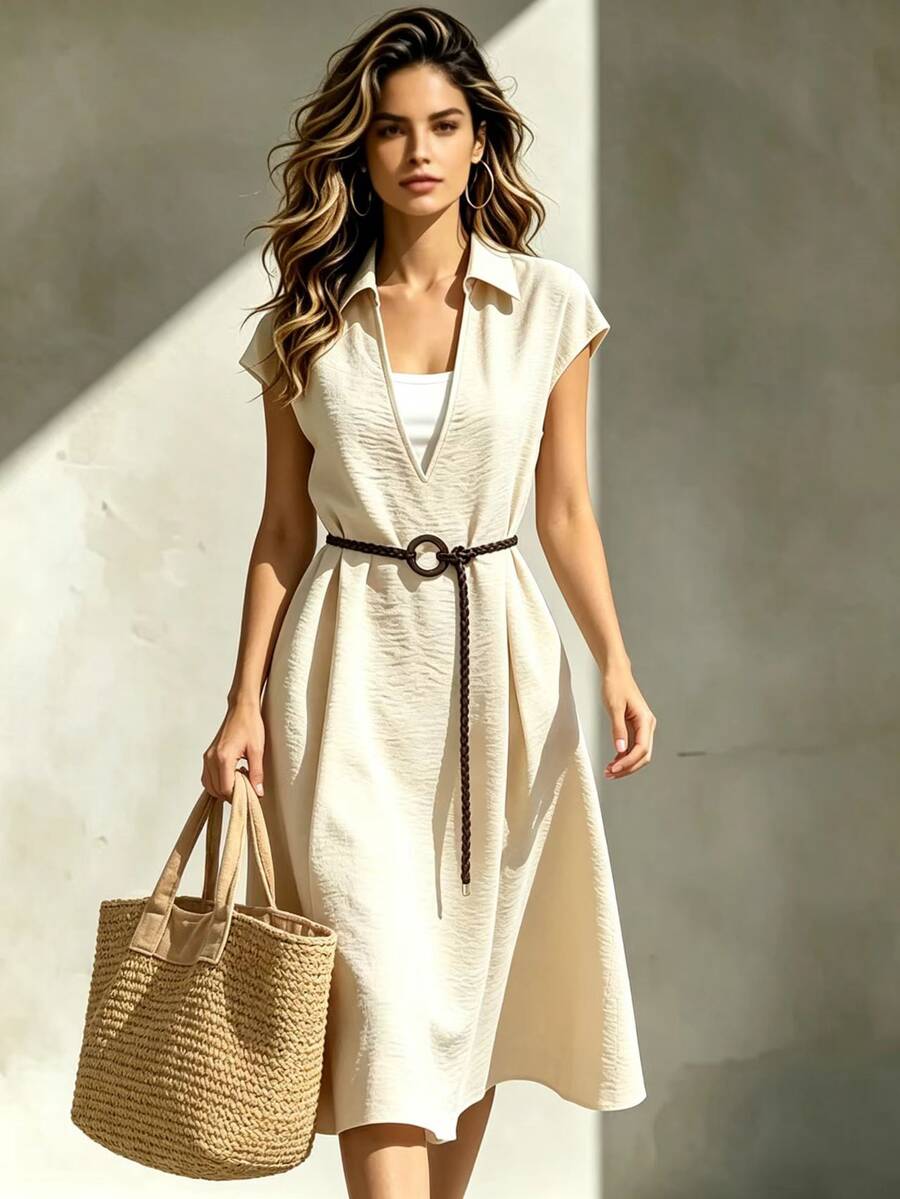 Franclia Women's Elegant French Style Beige V-Neck Shirt Dress,Sleeveless Waist Cinching Mid Length Swinging Summer Dress For Holiday Vacation Commuting Wear - Khaki - View 1