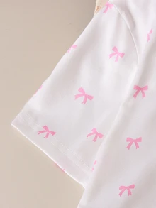 SHEIN Sparklyn 春夏季女童甜美風粉色蝴蝶結裝飾白色圓領短袖T恤 + 粉色3D蝴蝶結刺繡牛仔迷你裙套裝，輕量女童套裝，甜美可愛，時尚且簡單優雅，適合日常出遊、休閒玩耍、校園穿搭等 - 彩色 - 查看 7