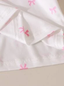 SHEIN Sparklyn 春夏季女童甜美風粉色蝴蝶結裝飾白色圓領短袖T恤 + 粉色3D蝴蝶結刺繡牛仔迷你裙套裝，輕量女童套裝，甜美可愛，時尚且簡單優雅，適合日常出遊、休閒玩耍、校園穿搭等 - 彩色 - 查看 5
