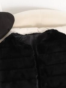 SHEIN 青少年女孩柔軟優雅長袖短版人造毛皮大衣，適合秋冬穿著 - 黑色 - 查看 5