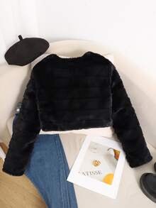 SHEIN 青少年女孩柔軟優雅長袖短版人造毛皮大衣，適合秋冬穿著 - 黑色 - 查看 3