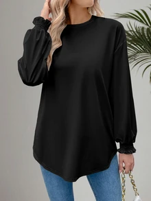 EMERY ROSE Mujeres camiseta de manga larga suelta de cuello redondo con puños enrollados - Negro - Ver 4