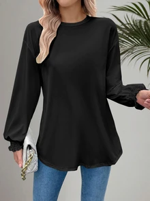 EMERY ROSE Mujeres camiseta de manga larga suelta de cuello redondo con puños enrollados - Negro - Ver 7