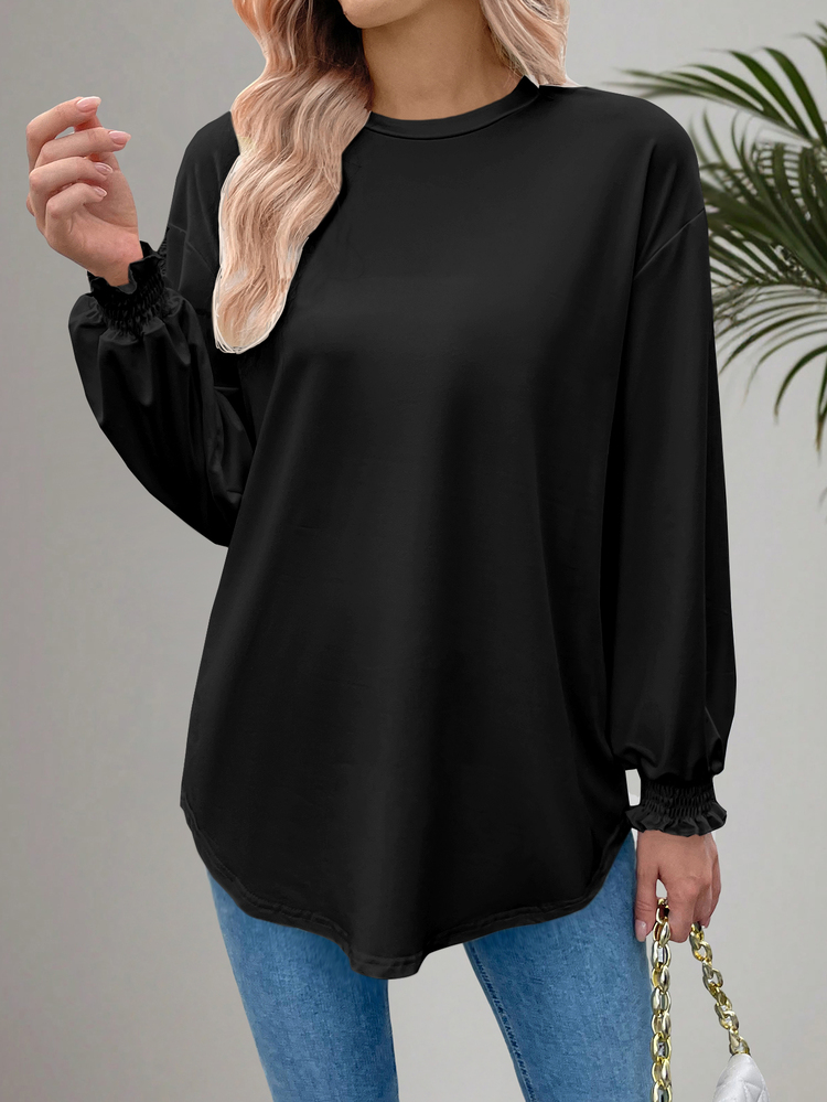 EMERY ROSE Women Loose Fit Round Neck Long Sleeve T-Shirt With Rolled-Up Cuffs Fall Cloth For Women - Black - View 5