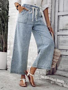 EMERY ROSE Vacation Casual Washed Drawstring Wide Leg Jeans - Blue - View 3