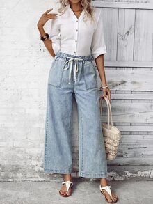EMERY ROSE Vacation Casual Washed Drawstring Wide Leg Jeans - Blue - View 5