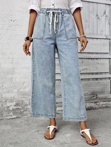 EMERY ROSE Vacation Casual Washed Drawstring Wide Leg Jeans - Blue - View 6