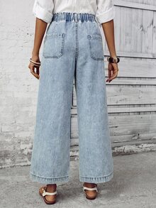 EMERY ROSE Vacation Casual Washed Drawstring Wide Leg Jeans - Blue - View 2