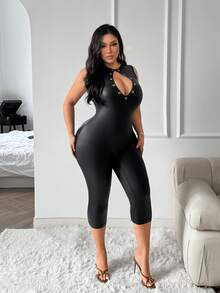 SHEIN SXY Plus Size Sexy Cutout Eyelet PU Material One-Piece Capris - Black - View 4
