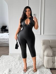 SHEIN SXY Plus Size Sexy Cutout Eyelet PU Material One-Piece Capris - Black - View 5