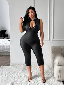 SHEIN SXY Plus Size Sexy Cutout Eyelet PU Material One-Piece Capris - Black - View 6
