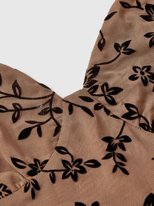 ROMWE Hippie Western Brown Black Floral Flocked Spaghetti Strap Fitted Asymmetrical Hem Midi Dress For Women - Brown - View 3