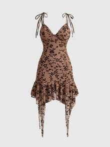 ROMWE Hippie Western Brown Black Floral Flocked Spaghetti Strap Fitted Asymmetrical Hem Midi Dress For Women - Brown - View 1