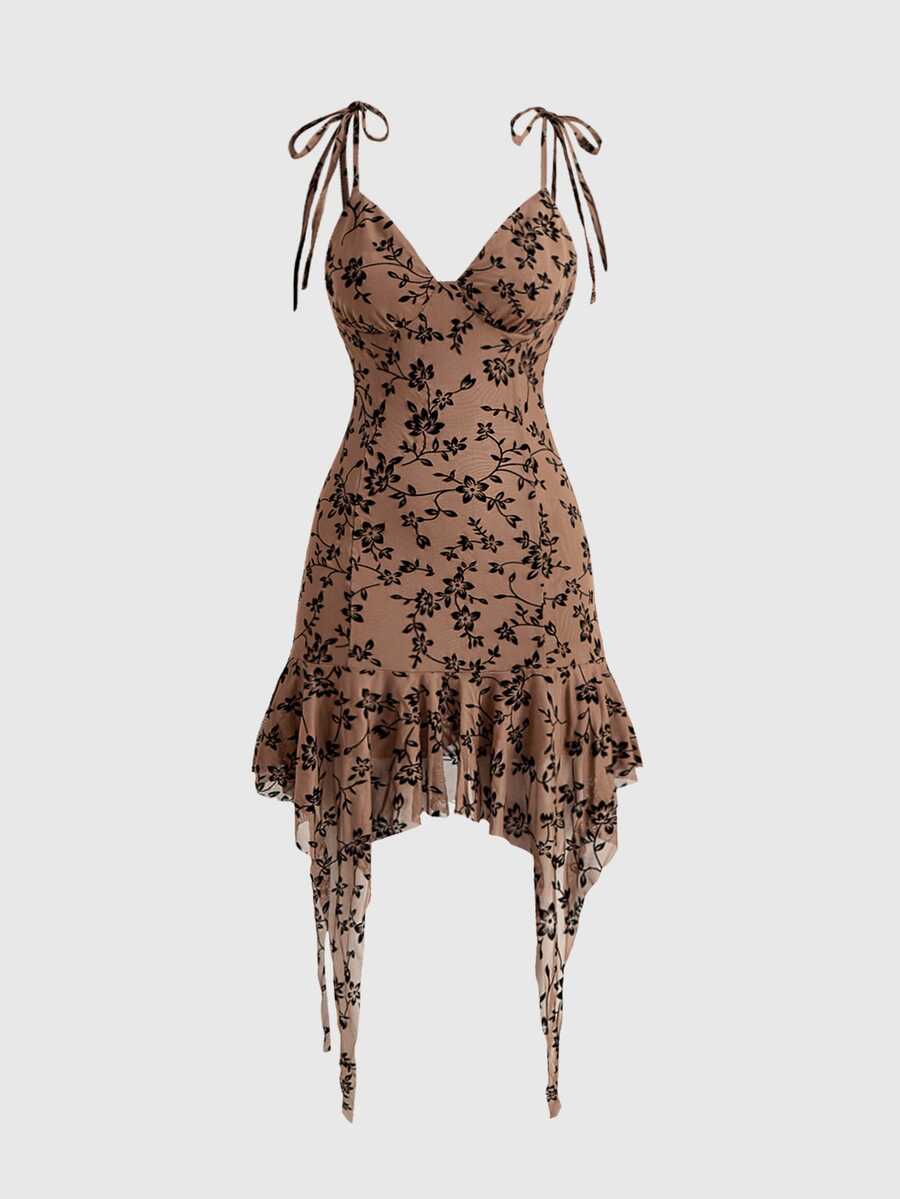 ROMWE Hippie Western Brown Black Floral Flocked Spaghetti Strap Fitted Asymmetrical Hem Midi Dress For Women - Brown - View 1