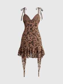 ROMWE Hippie Western Brown Black Floral Flocked Spaghetti Strap Fitted Asymmetrical Hem Midi Dress For Women - Brown - View 2