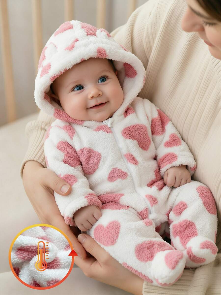 SHEIN 新生兒極簡風趣味時尚可愛波點長袖連帽長款毛絨連身衣家居服 秋季居家家庭套裝 白色 - 彩色 - 查看 1