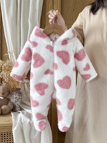 SHEIN 新生兒極簡風趣味時尚可愛波點長袖連帽長款毛絨連身衣家居服 秋季居家家庭套裝 白色 - 彩色 - 查看 4