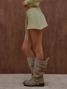 MUSERA Lemon Sunflower Knit Drawstring Mini Skirt Summer Autumn Everyday Date Night Holiday Vacation Dazed - Yellow - View 4