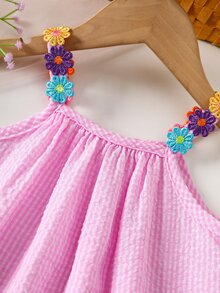 Souflis Souflis Baby Girl Summer Pink And White Striped Floral Woven Tape Patchwork A-Line Vacation Dress, Suitable For Daily Casual Cute Tropical Beach - Pink - View 8