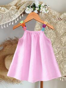 Souflis Souflis Baby Girl Summer Pink And White Striped Floral Woven Tape Patchwork A-Line Vacation Dress, Suitable For Daily Casual Cute Tropical Beach - Pink - View 3