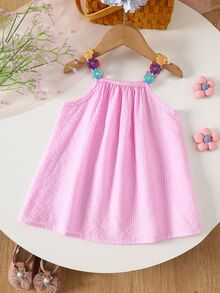 Souflis Souflis Baby Girl Summer Pink And White Striped Floral Woven Tape Patchwork A-Line Vacation Dress, Suitable For Daily Casual Cute Tropical Beach - Pink - View 4