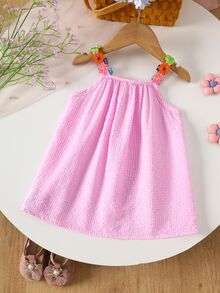Souflis Souflis Baby Girl Summer Pink And White Striped Floral Woven Tape Patchwork A-Line Vacation Dress, Suitable For Daily Casual Cute Tropical Beach - Pink - View 5