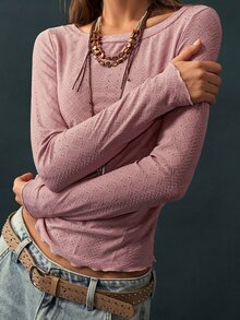 Bohemela Casual Solid Color Knit Women's T-Shirt - Pink - View 4