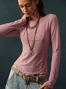 Bohemela Casual Solid Color Knit Women's T-Shirt - Pink - View 5