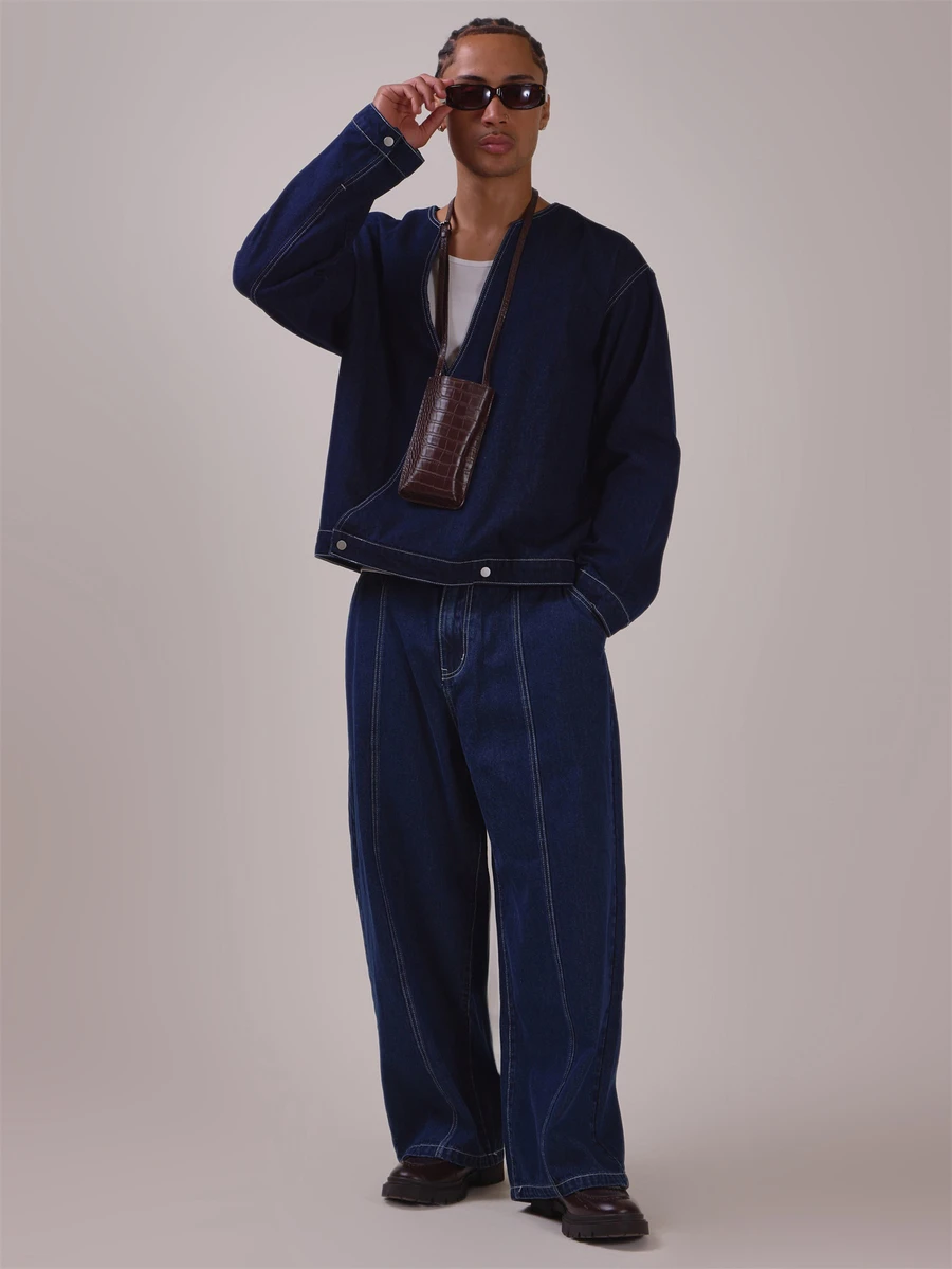Musero Barrell Leg Denim Jean Stitch Detail Silver Hardwear Spring Summer Essentials Co Ord Trrousers Only - Blue - View 1