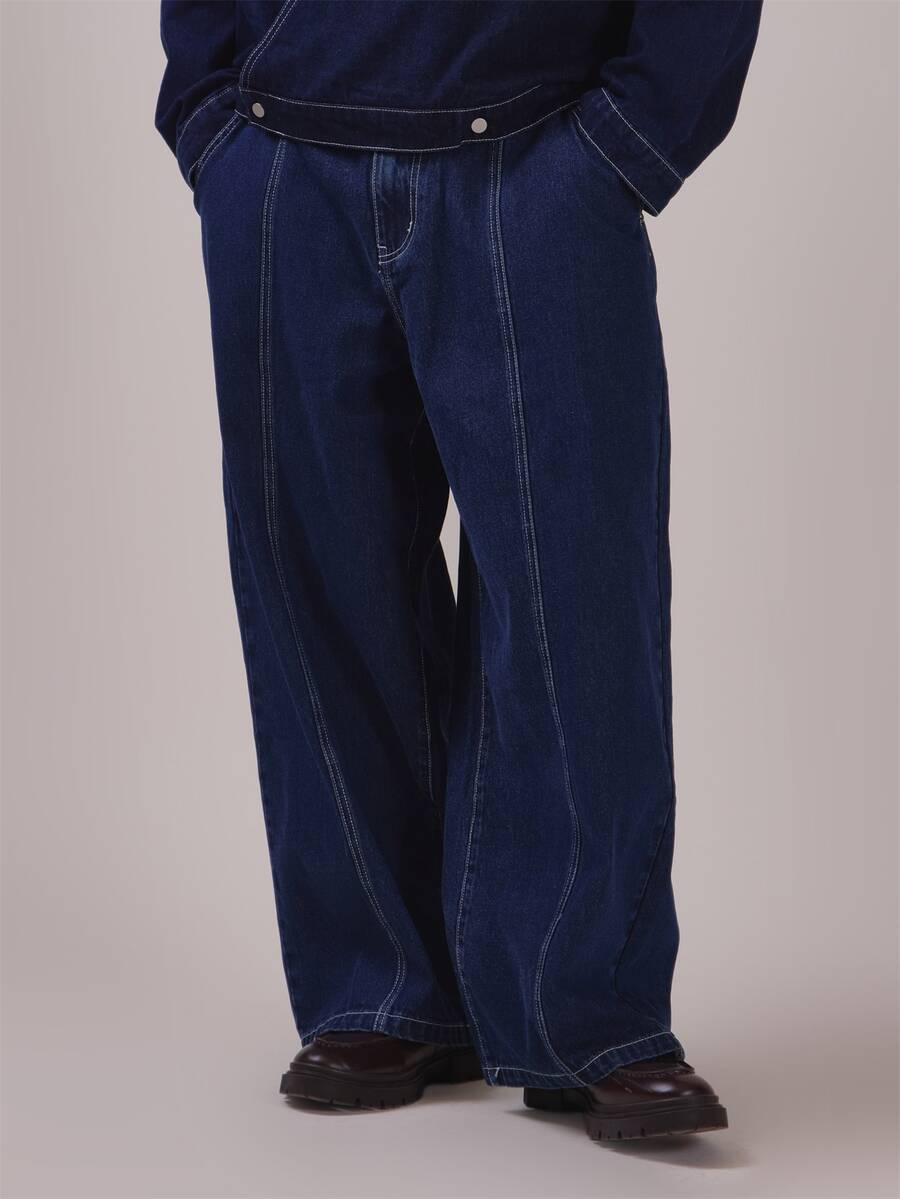 Musero Barrell Leg Denim Jean Stitch Detail Silver Hardwear Spring Summer Essentials Co Ord Trrousers Only - Blue - View 1