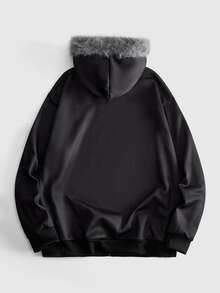 ROMWE MEN Street Life Men's Gothic Print Hooded Fur Collar Zip-Up Sweatshirt - Black - View 2