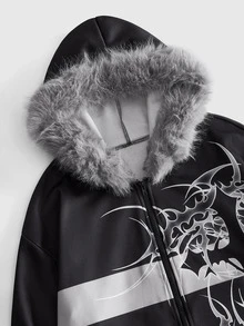 ROMWE MEN Street Life Men's Gothic Print Hooded Fur Collar Zip-Up Sweatshirt - Black - View 3